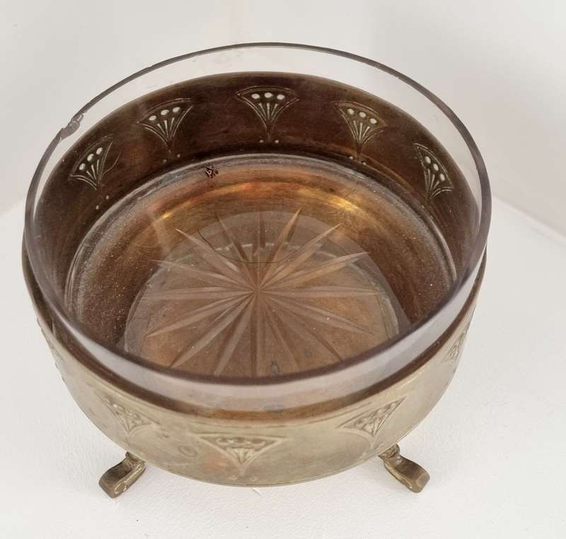 Antique Art Nouveau Footed Brass Basket Relish Dish
