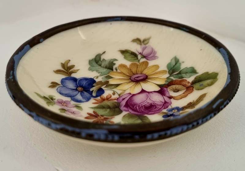 Handpainted Brass edged porcelain Trinket Dish by Foreign