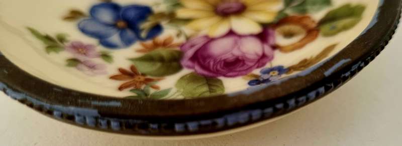 Handpainted Brass edged porcelain Trinket Dish by Foreign