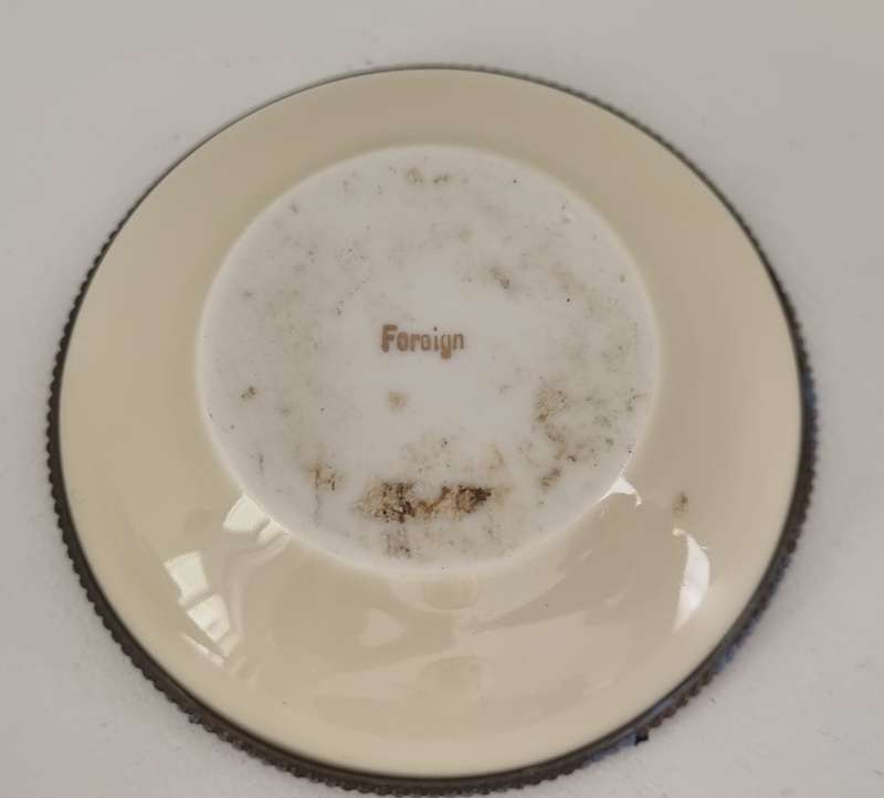 Handpainted Brass edged porcelain Trinket Dish by Foreign