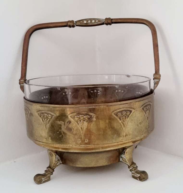 Antique Art Nouveau Footed Brass Basket Relish Dish