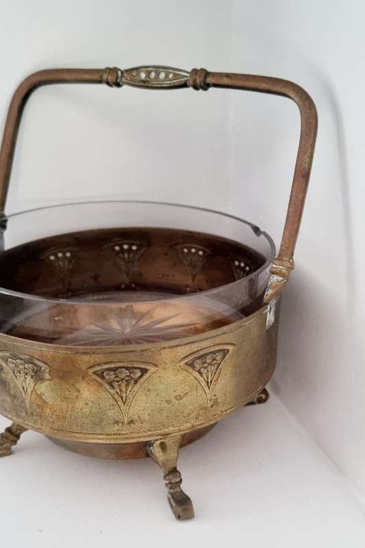 Antique Art Nouveau Footed Brass Basket Relish Dish