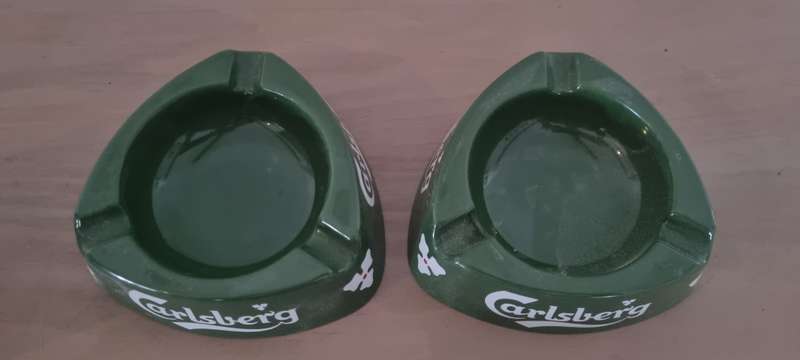 Pair of 1980's Carlsberg Beer Green Plastic Ashtrays (Made in Italy)