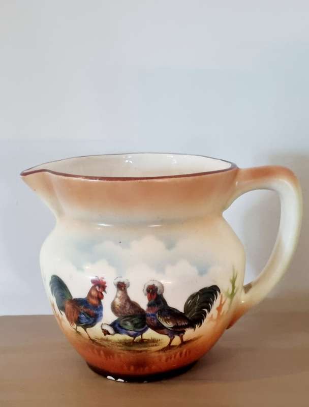 Old Farm Chicken and Rooster Handpainted Porcelain Jug/Pitcher