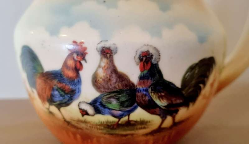 Old Farm Chicken and Rooster Handpainted Porcelain Jug/Pitcher