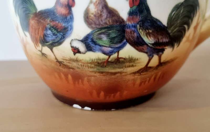 Old Farm Chicken and Rooster Handpainted Porcelain Jug/Pitcher