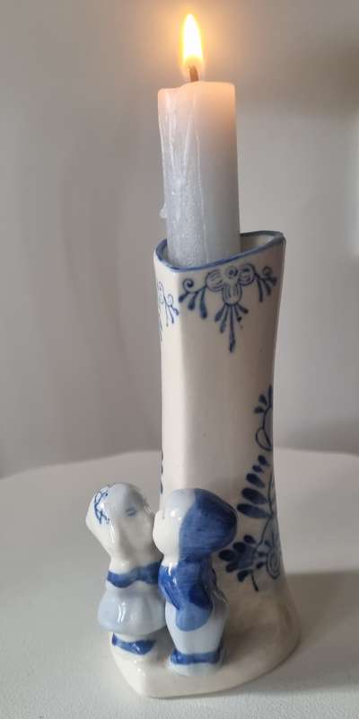 Handpainted Delft Holland Blue and White Heart Porcelain kissing couple, Candlestick/ bud vase