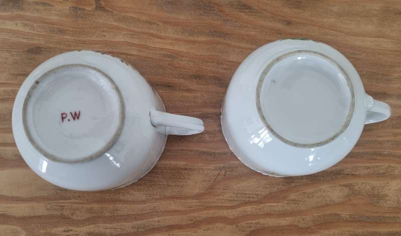 Pair of Antique Porcelain Father and Mother Cups, Stamped P.W