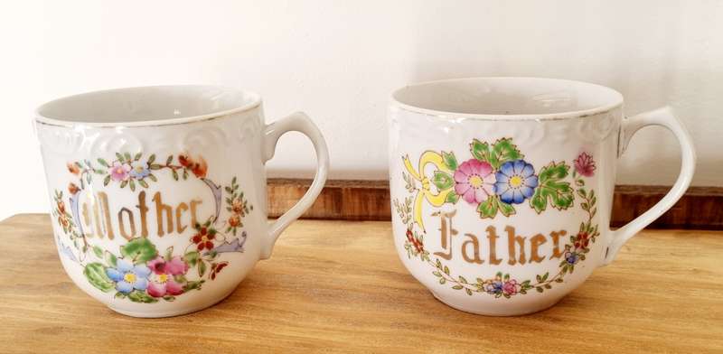 Pair of Antique Porcelain Father and Mother Cups, Stamped P.W