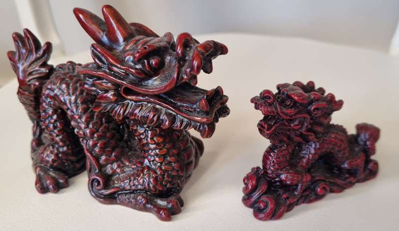 Pair of Cinnabar Red Chinese Dragon Resin Figurines