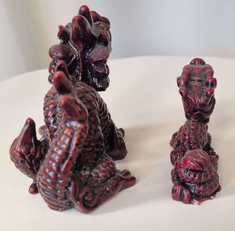 Pair of Cinnabar Red Chinese Dragon Resin Figurines