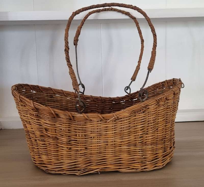 Antique Primitive Wicker Rattan Metal Handed Basket