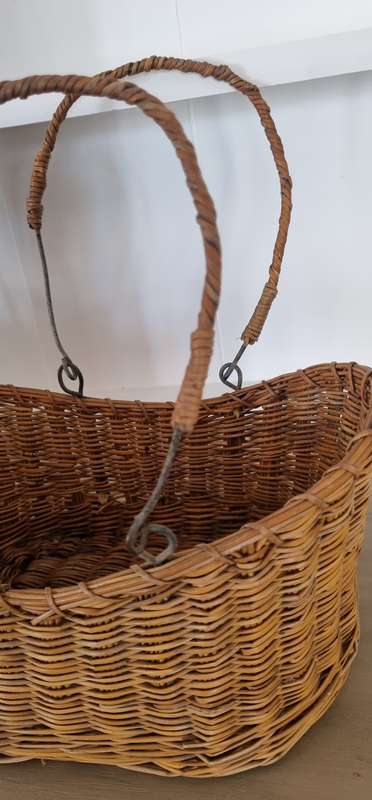 Antique Primitive Wicker Rattan Metal Handed Basket