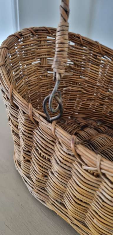 Antique Primitive Wicker Rattan Metal Handed Basket