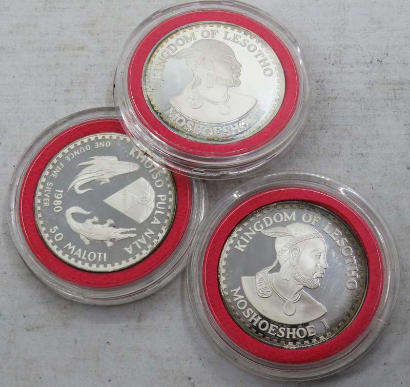 3x 1980 1 Ounce Silver Lesotho 50 Maloti Proof  Cameos  in original box of issue mintage 1400