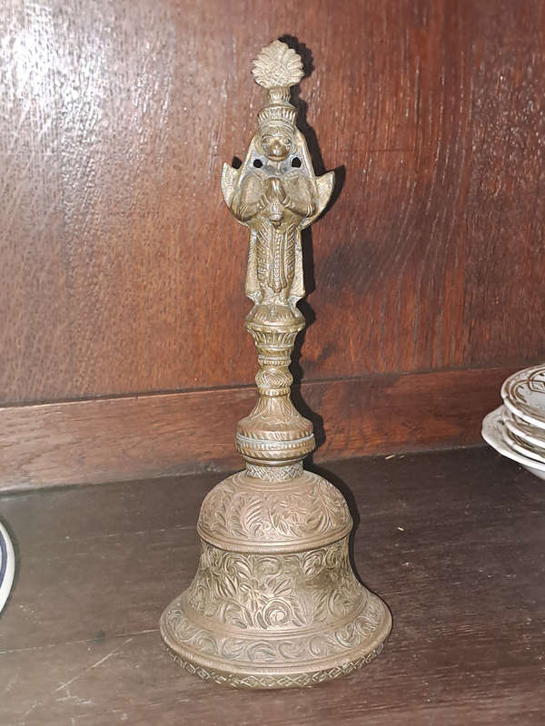 Heavy Ornate Detailed Brass Temple Bell Hanuman Hindu Monkey God Double Sided