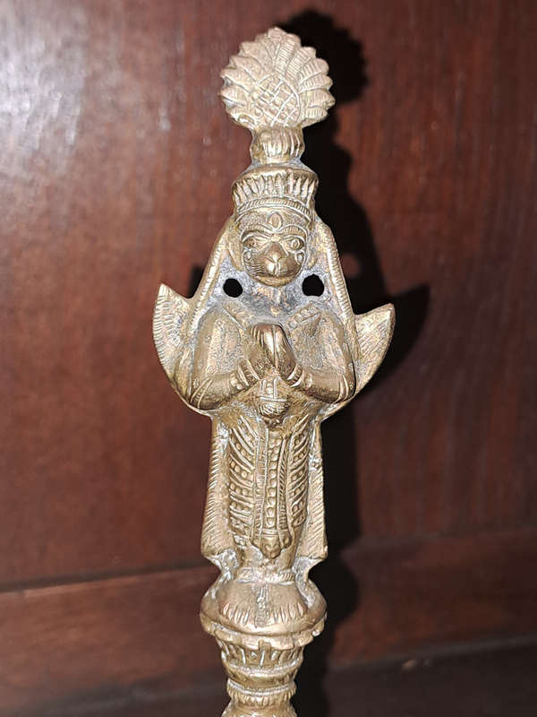 Heavy Ornate Detailed Brass Temple Bell Hanuman Hindu Monkey God Double Sided