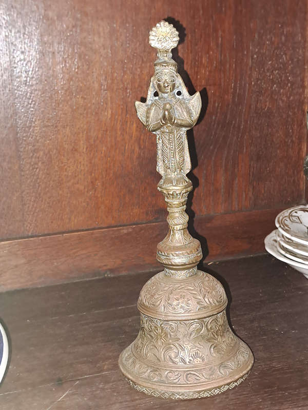Heavy Ornate Detailed Brass Temple Bell Hanuman Hindu Monkey God Double Sided