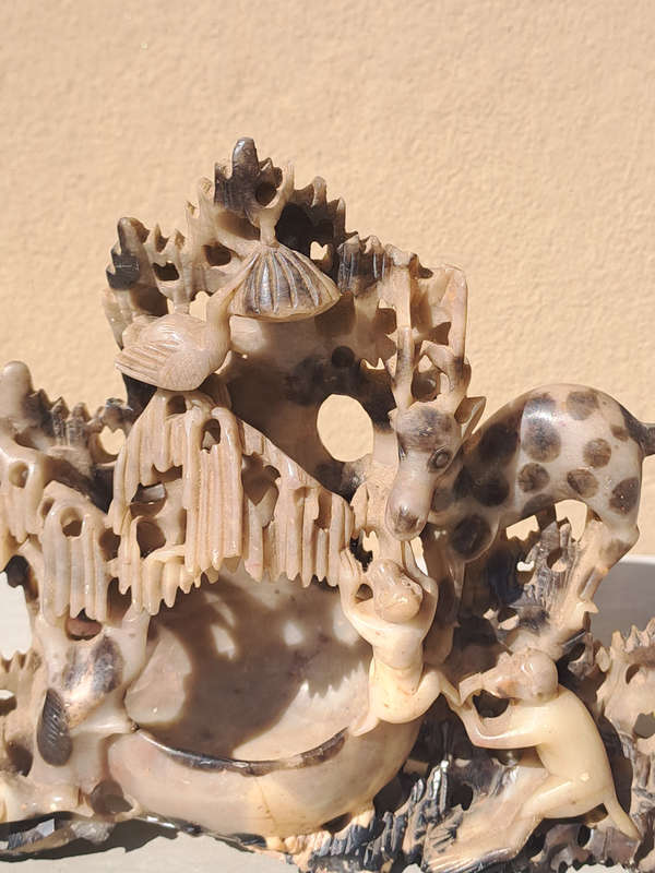 Vintage ornate Chinese soapstone brush pot high detail very nice condition