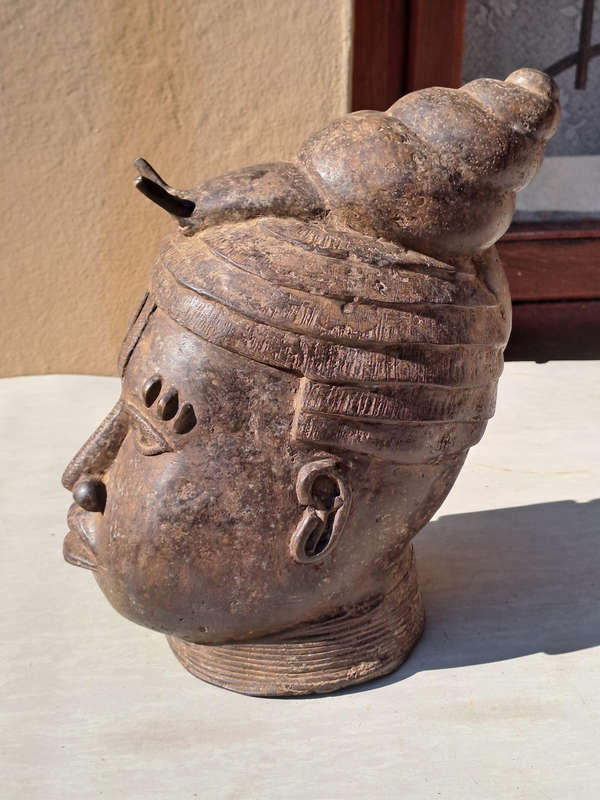 Vintage Head Ife Snail Bronze Memorial Head Benin Oba King