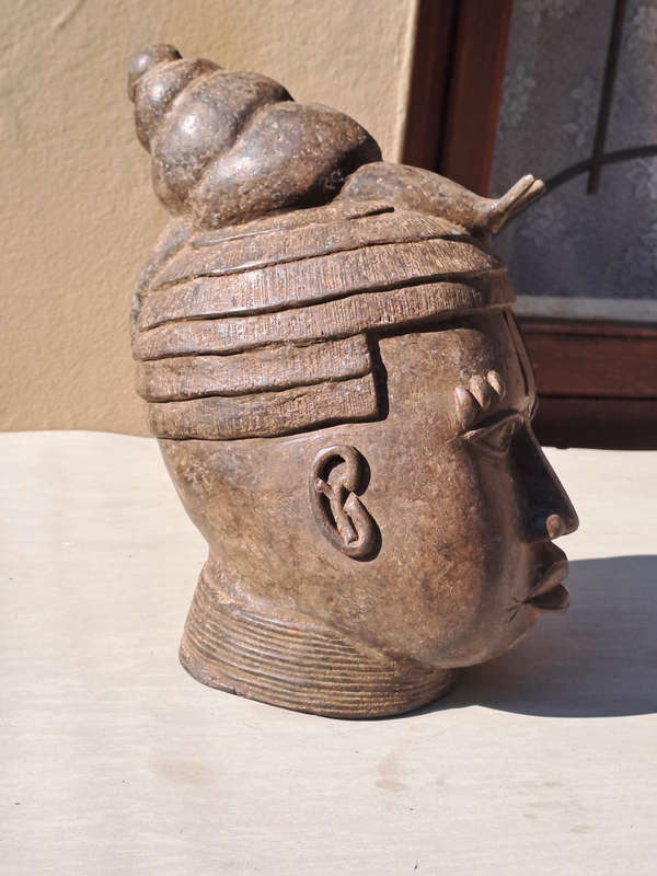 Vintage Head Ife Snail Bronze Memorial Head Benin Oba King