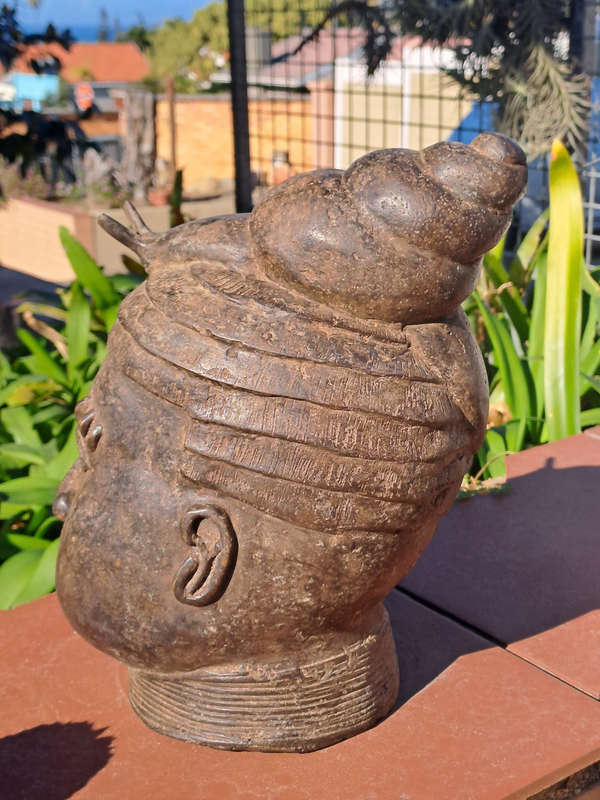 Vintage Head Ife Snail Bronze Memorial Head Benin Oba King