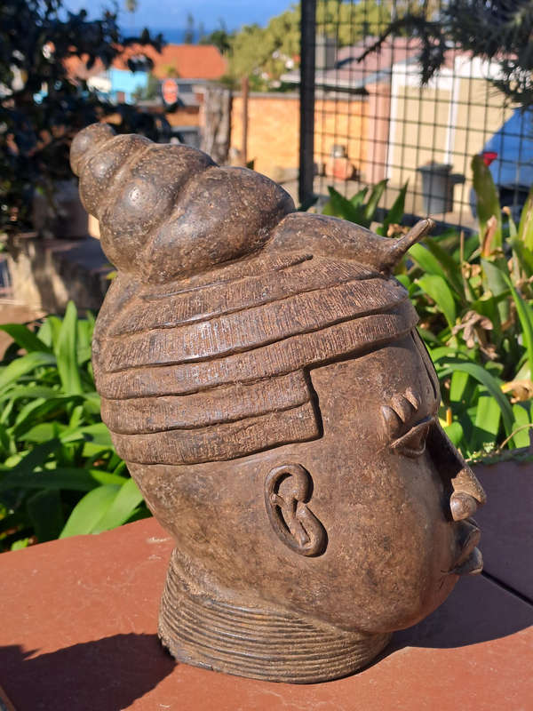 Vintage Head Ife Snail Bronze Memorial Head Benin Oba King