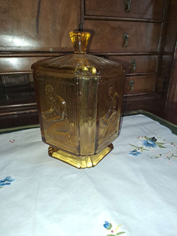 Sowerby Art Deco 1930's Amber Glass Pandora's Box there are 2 available