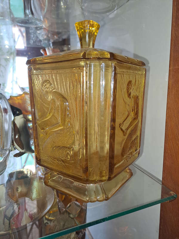 Sowerby Art Deco 1930's Amber Glass Pandora's Box there are 2 available