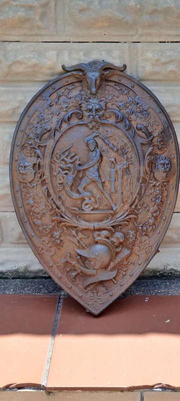 Antique German coat of arms/ knights shield/ beheading of Medusa beautiful detail and patina