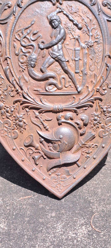 Antique German coat of arms/ knights shield/ beheading of Medusa beautiful detail and patina