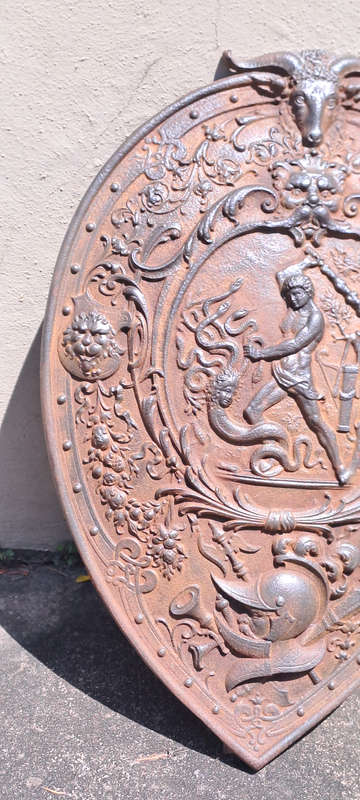 Antique German coat of arms/ knights shield/ beheading of Medusa beautiful detail and patina