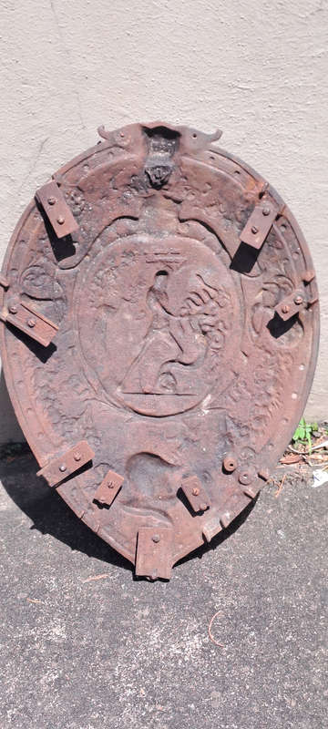 Antique German coat of arms/ knights shield/ beheading of Medusa beautiful detail and patina