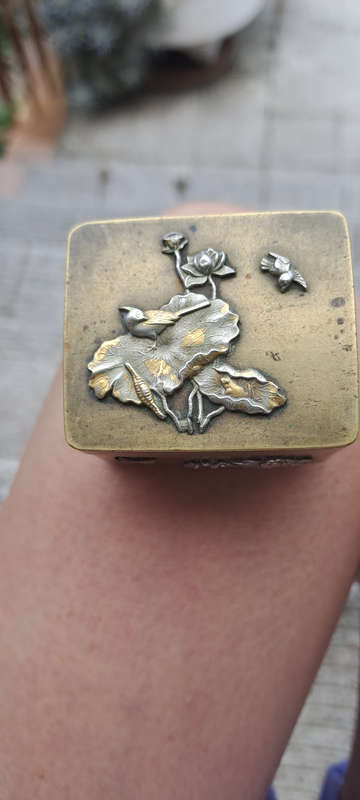 REDUCED Antique Brass Japanese Snuff Box Meiji Period Relief Decoration silver and gold rare