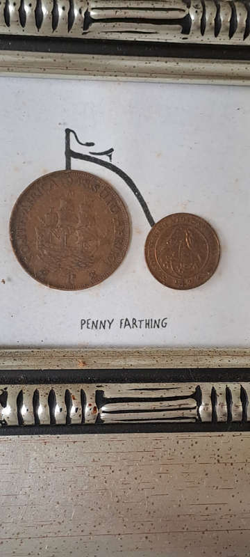 Art work of 1948 SA penny and SA 1943 SA 1/4 penny framed