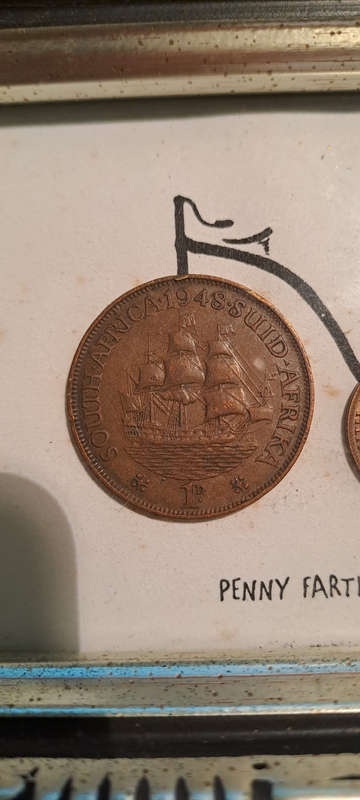 Art work of 1948 SA penny and SA 1943 SA 1/4 penny framed