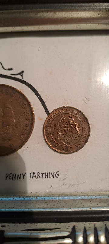 Art work of 1948 SA penny and SA 1943 SA 1/4 penny framed