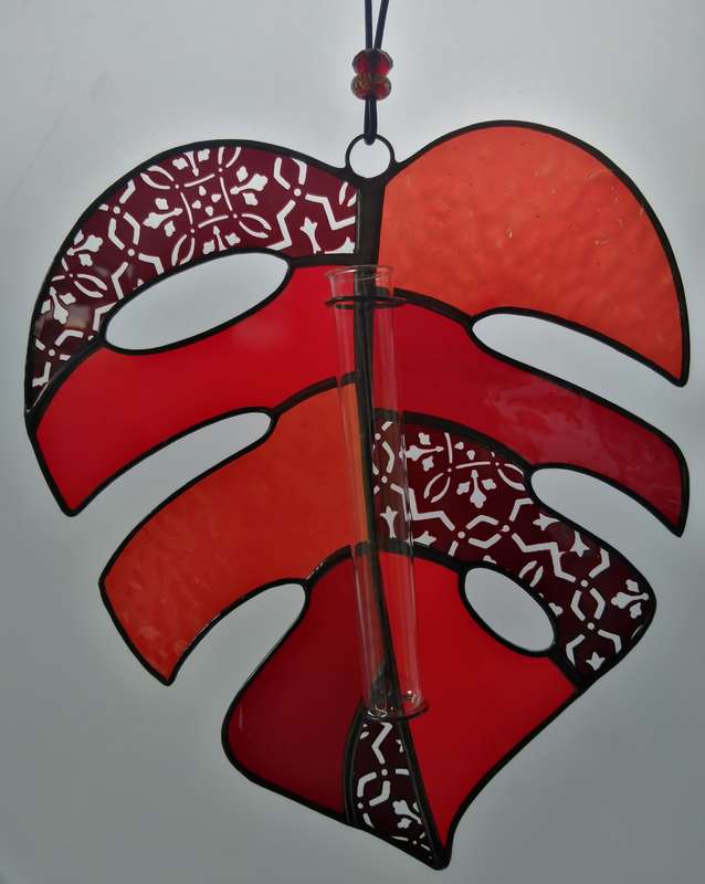 Red monstera stained glass leaf