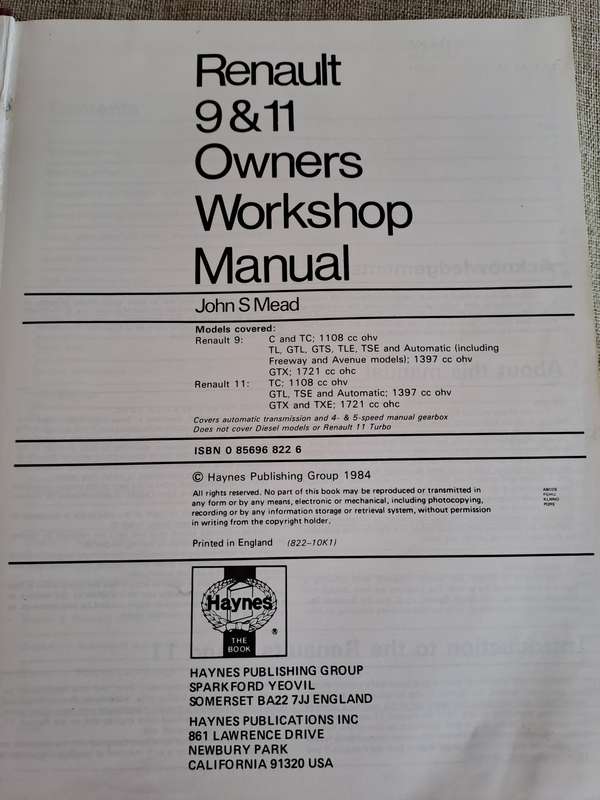 Renault 9 & 11 - 1982 to 1984 Owners Workshop Manual - Haynes