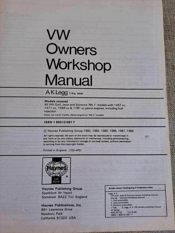 VW Golf (petrol), Jetta, Scirocco Owners Workshop Manual - Haynes