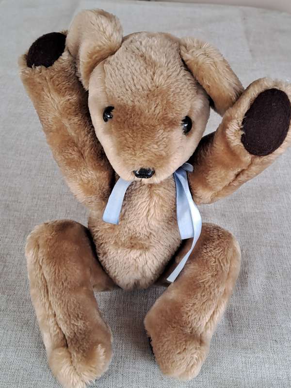 Plush Brown Bear with Blue Ribbon