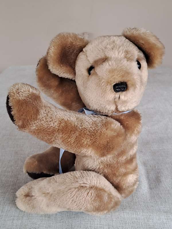 Plush Brown Bear with Blue Ribbon