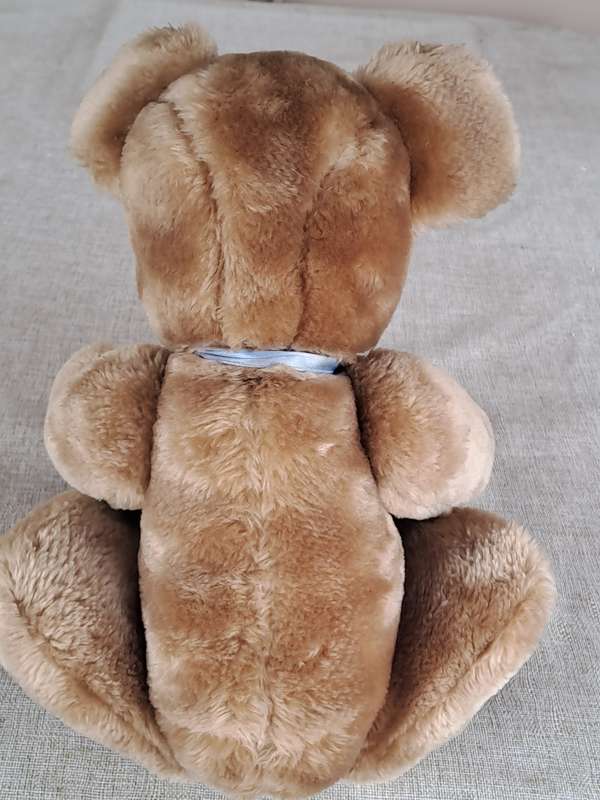 Plush Brown Bear with Blue Ribbon
