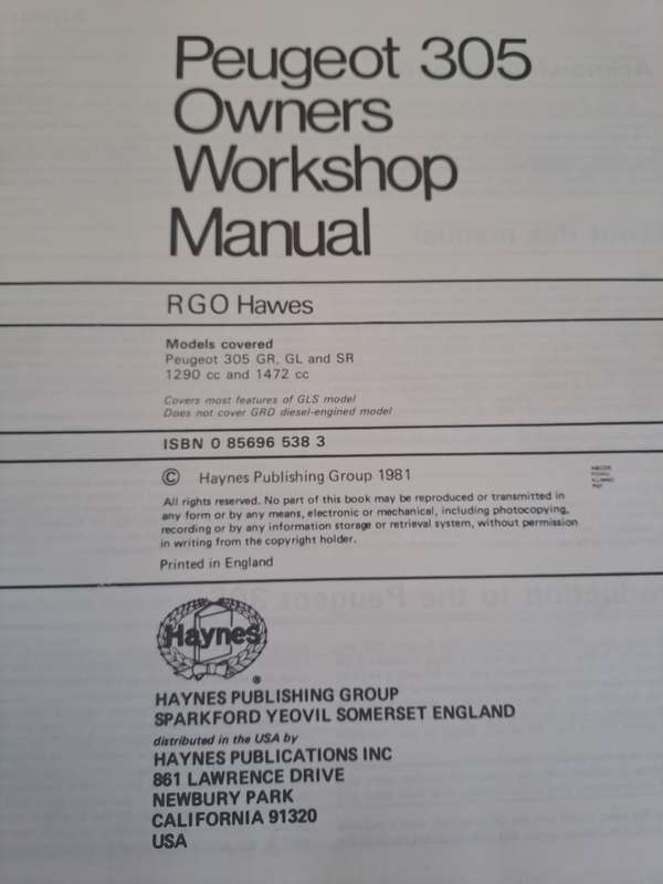 Peugeot 305 Petrol 1978-1980 Owners Workshop Manual - Haynes