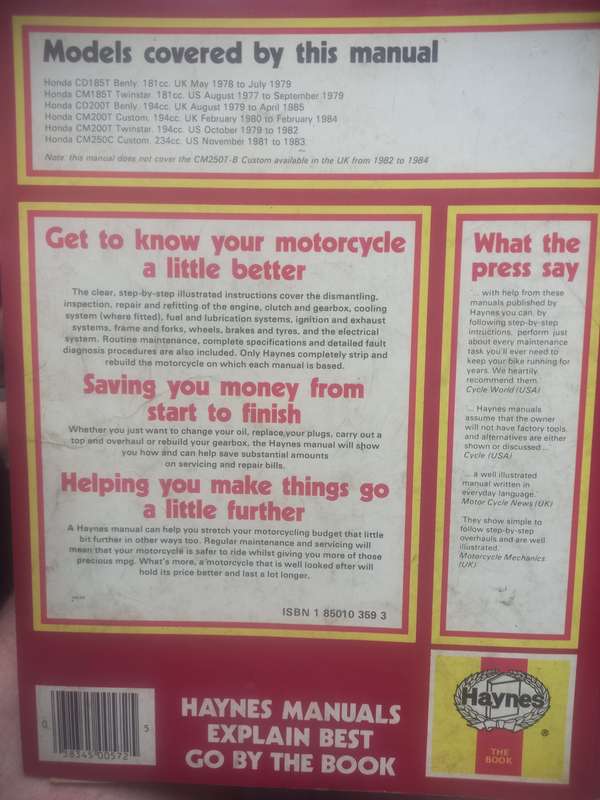 Honda CD/CM 185, 200T and CM250C - 1977 to 1985 - Owners Workshop Manual - Haynes