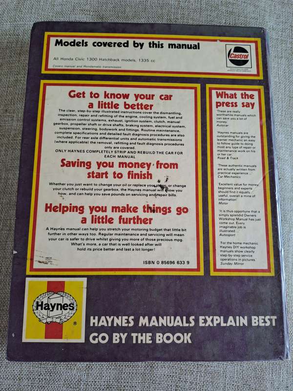 Honda Civic Owners Workshop Manual 1980 to 1981 - Haynes