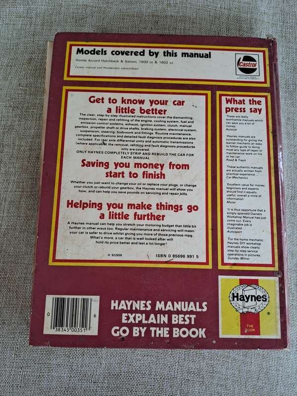 Honda Accord Owners Workshop Manual 1976 to 1984 - Haynes