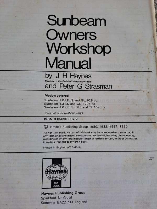 Talbot / Chrysler Sunbeam Owners Workshop Manual 1977 to 1982 - Haynes