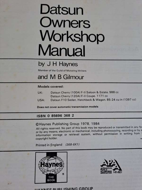Datsun Cherry F-II Owners Workshop Manual 1976 to 1979 - Haynes