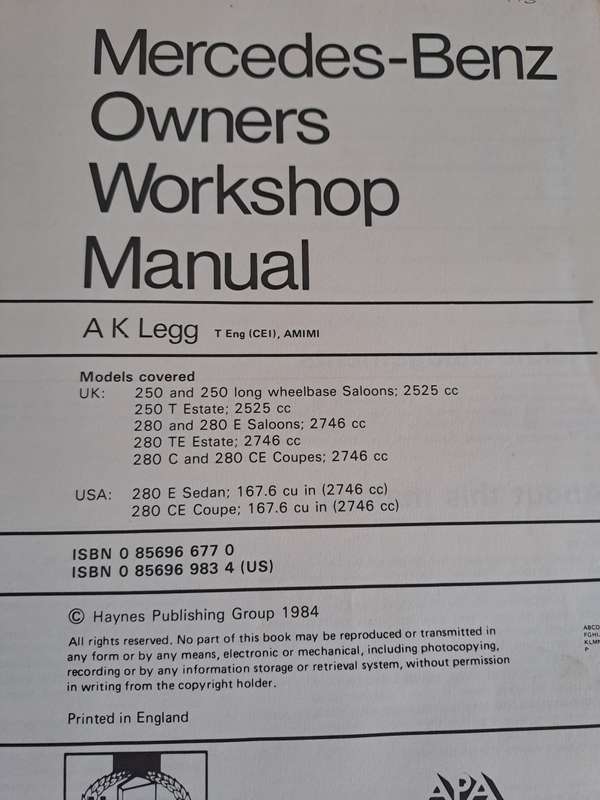 Mercedes-Benz 250 & 280 (123 series) Owners Workshop Manual 1976 to 1984 - Haynes